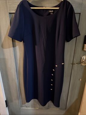 SLNY Navy Short Sleeve Sheath Dress with Gold Button Detail
